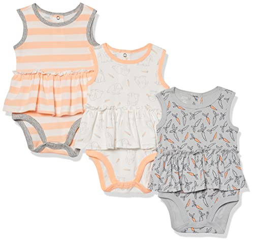 Amazon Essentials Baby Mädchen Ärmellose Bodysuit-Kleider, 3er-Pack, Grau Carrots/Hellorange Rugby-Streifen/Weiß Kaninchen, 6-9 Monate von Amazon Essentials