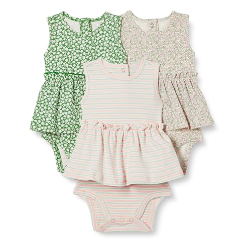 Amazon Essentials Baby Mädchen Ärmellose Bodysuit-Kleider, 3er-Pack, Salbeigrün Streublumen/Streifen, 6-9 Monate von Amazon Essentials
