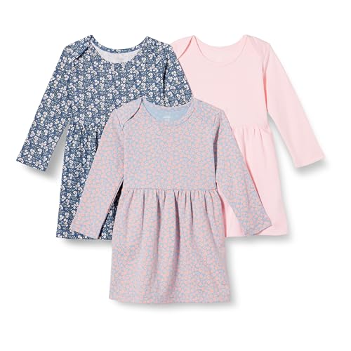 Amazon Essentials Baby Mädchen Baumwollkleid Mit Langen Ärmeln, 3er-Pack, Blassrosa/Blau Posey Floral, 0-3 Monate von Amazon Essentials