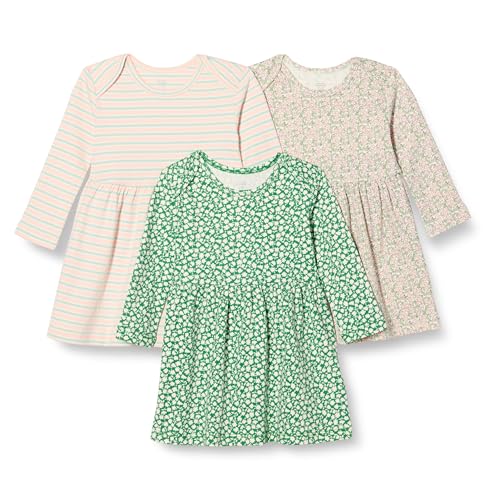 Amazon Essentials Baby Mädchen Baumwollkleid Mit Langen Ärmeln, 3er-Pack, Salbeigrün Streublumen/Streifen, 0-3 Monate von Amazon Essentials