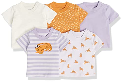 Amazon Essentials Unisex Baby Kurzärmeliges T-Shirt, 5er-Pack, Elfenbein/Gold Punkte/Lila/Streifen/Tigeraufdruck, 0 Monate von Amazon Essentials