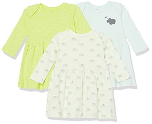 Amazon Essentials Baby Mädchen Baumwollkleid Mit Langen Ärmeln, 3er-Pack, Creme/Hellblau/Zitronengelb Punkte/Nilpferd, 0 Monate von Amazon Essentials