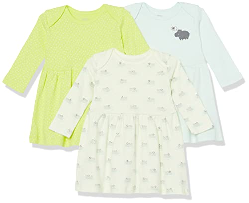 Amazon Essentials Baby Mädchen Langarm-Kleid, 3er-Pack, Creme/Hellblau/Zitronengelb Punkte/Nilpferd, 12 Monate von Amazon Essentials