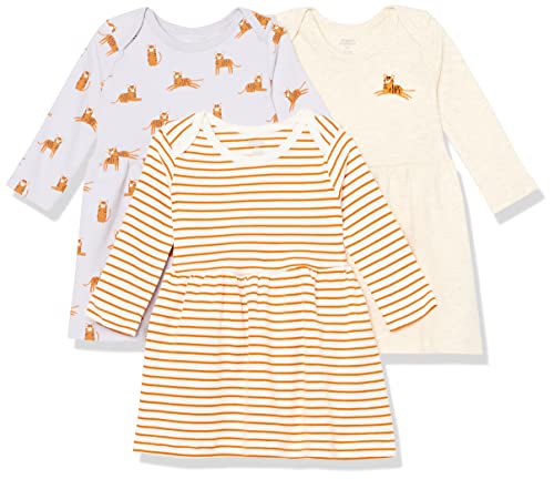 Amazon Essentials Baby Mädchen Langarm-Kleid, 3er-Pack, Elfenbein/Lila/Orange Streifen/Katze, 12 Monate von Amazon Essentials