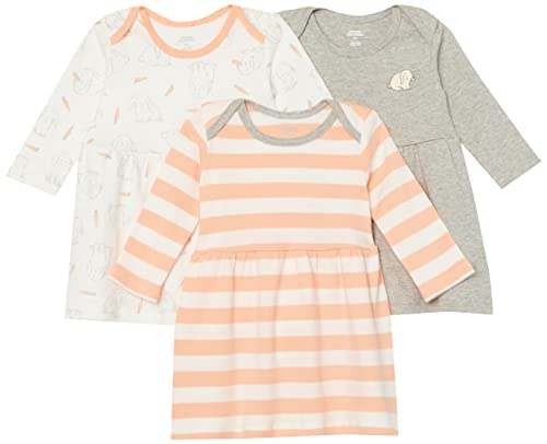 Amazon Essentials Baby Mädchen Baumwollkleid Mit Langen Ärmeln, 3er-Pack, Grau/Hellrosa Streifen/Weiß/Kaninchen, 0 Monate von Amazon Essentials