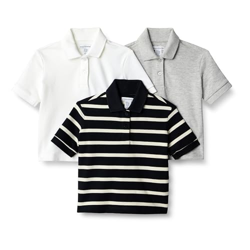 Amazon Essentials Baby Mädchen Poloshirt aus Baumwoll-Stretch, 3er-Pack, Hellgrau Meliert/Streifen/Weiß, 0-3 Monate von Amazon Essentials
