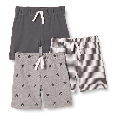 Amazon Essentials Unisex Baby Baumwollshorts Zum Schlüpfen, 3er-Pack, Grau Meliert Sterne/Schwarz/Weiß Streifen, 3-6 Monate von Amazon Essentials