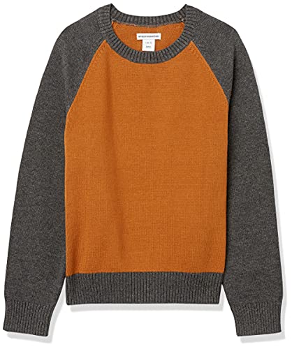 Amazon Essentials Jungen Pullover mit Rundhalsausschnitt-Auslauffarben, Dunkelgrau Meliert Hellbraun Farbblock, 8 Jahre von Amazon Essentials