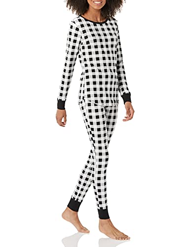 Amazon Essentials Damen Pyjamaset aus Baumwolle, Gute Passform (Erhältlich in Übergröße), Schwarz/Weiß, Buffalokaros, XL von Amazon Essentials