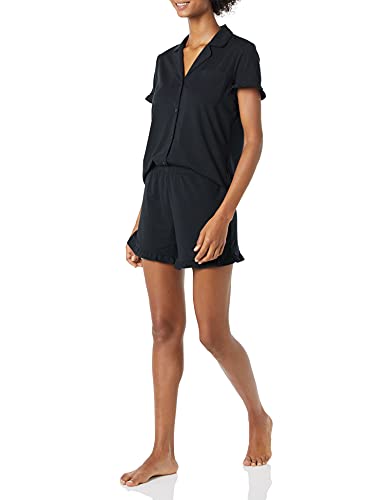 Amazon Essentials Damen Pyjama-Set Aus Baumwollmodal Mit Paspelierung Und Gekerbtem Kragen, Bequeme Loungewear (In Übergröße Erhältlich), Schwarz, XS von Amazon Essentials