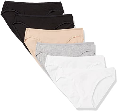 Amazon Essentials Damen Bikinihose aus Baumwolle (in Übergröße erhältlich), 6er-Pack, Grau Meliert/Hellrosa/Schwarz/Weiß, 44 von Amazon Essentials