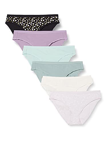 Amazon Essentials Damen Bikinihose aus Baumwolle (in Übergröße erhältlich), 6er-Pack, Mehrfarbig/Punkte/Streublumen, 36 von Amazon Essentials