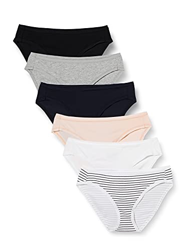 Amazon Essentials Damen Bikinihose aus Baumwolle (in Übergröße erhältlich), 6er-Pack, Mehrfarbig/Heide/Streifen, 42 von Amazon Essentials