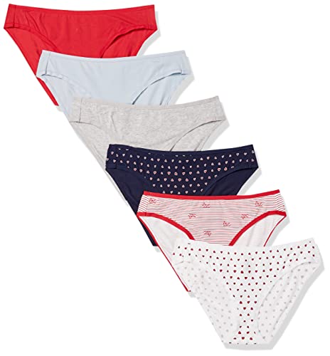 Amazon Essentials Damen Unterhose im Bikini-Schnitt aus Baumwolle-Auslauffarben, 6er-Pack, Herzen/Mehrfarbig/Streifen, 42 von Amazon Essentials