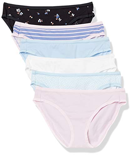 Amazon Essentials Damen Bikinihose aus Baumwolle (in Übergröße erhältlich), 6er-Pack, Blau/Hellrosa/Schwarz Floral/Streifen/Streublumen/Weiß, 42 von Amazon Essentials