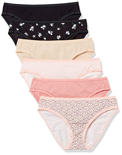 Amazon Essentials Damen Bikinihose aus Baumwolle (in Übergröße erhältlich), 6er-Pack, Floral/Mehrfarbig/Ministreifen/Streublumen, 44 von Amazon Essentials
