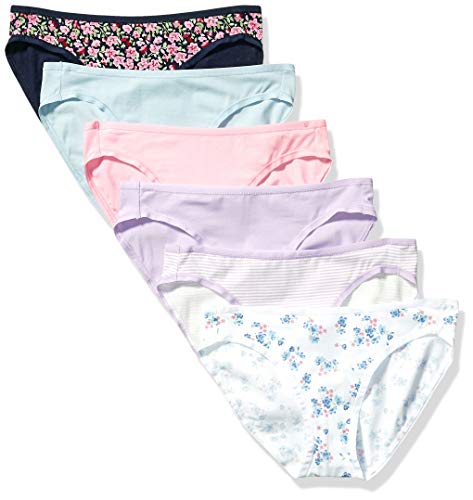 Amazon Essentials Damen Bikinihose aus Baumwolle (in Übergröße erhältlich), 6er-Pack, Blau/Lila/Rosa/Schwarz Floral/Streifen/Weiß Streublumen, 40 von Amazon Essentials
