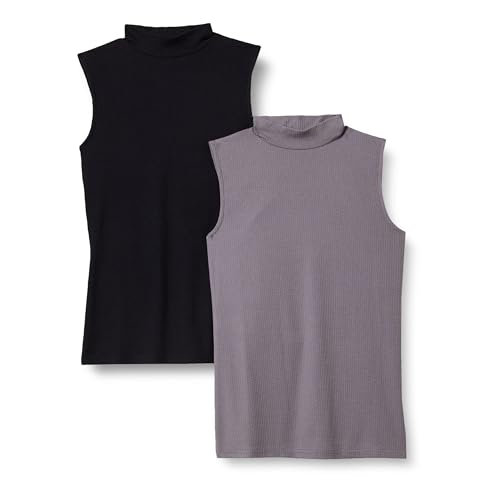 Amazon Essentials Damen Ärmelloses Rippstrick-Top mit Stehkragen und schmaler Passform, 2er-Pack, Grau/Schwarz, L von Amazon Essentials