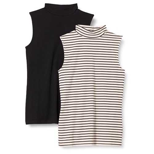 Amazon Essentials Damen Ärmelloses Rippstrick-Top mit Stehkragen und schmaler Passform, 2er-Pack, Schwarz/Bretonstreifen, XXL von Amazon Essentials