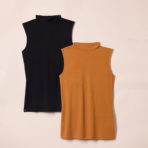 Amazon Essentials Damen Ärmelloses Rippstrick-Top mit Stehkragen und schmaler Passform, 2er-Pack, Schwarz/Karamell, L von Amazon Essentials