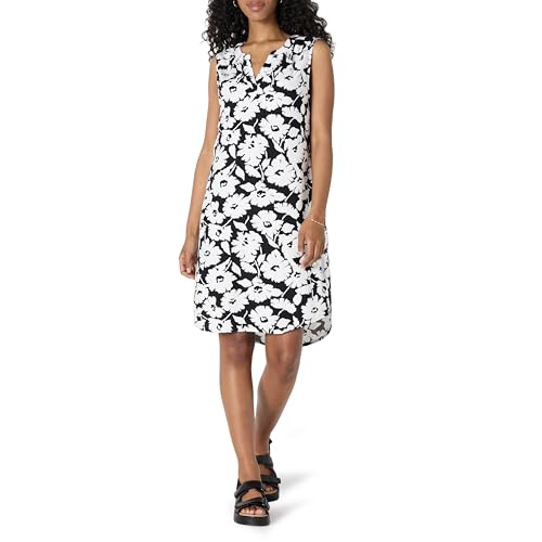 Amazon Essentials Damen Ärmelloses gewebtes Etuikleid, Schwarz Weiß Abstraktes Blumenmuster, M von Amazon Essentials
