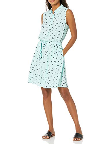 Amazon Essentials Damen Ärmelloses gewebtes Hemdkleid mit lockerer Passform, Aquablau Mohnblume, L von Amazon Essentials