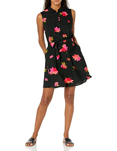 Amazon Essentials Damen Ärmelloses gewebtes Hemdkleid mit lockerer Passform, Schwarz Rosa Blumen, XXL von Amazon Essentials