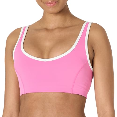 Amazon Essentials Damen Active FormFlex Butterweicher Sport-BH mit V-Ausschnitt und Kontrastbesatz, für leichten Halt, Flamingo Rosa/Weiß, S von Amazon Essentials