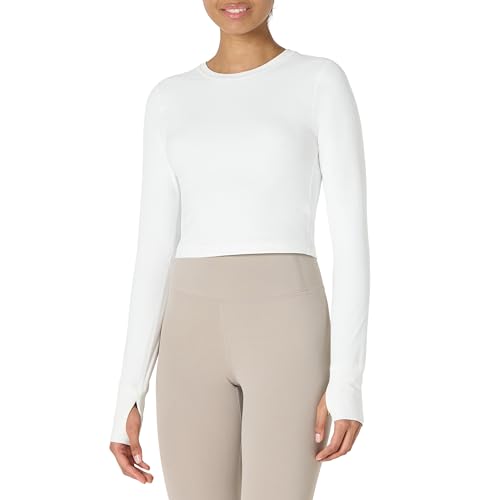 Amazon Essentials Damen Active FormFlex Butterweiches Bauchfreies Layering-Workout-Top, mit Langen Ärmeln und schlanker Passform, Weiß, S von Amazon Essentials