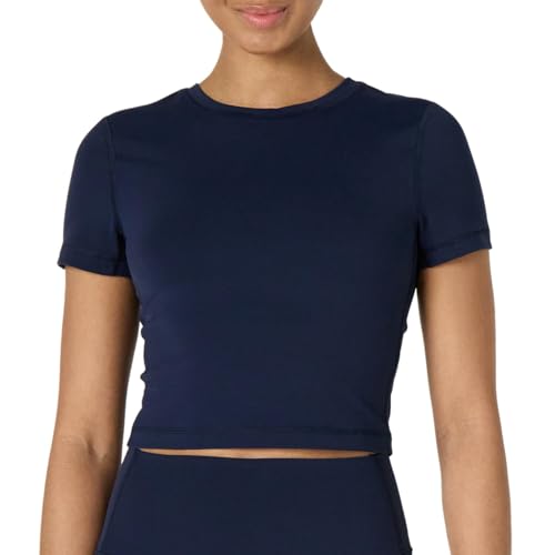 Amazon Essentials Damen Active FormFlex Buttery Soft Bauchfreies Layering-Workout-Top, mit kurzen Ärmeln und schlanker Passform, Marineblau, M von Amazon Essentials