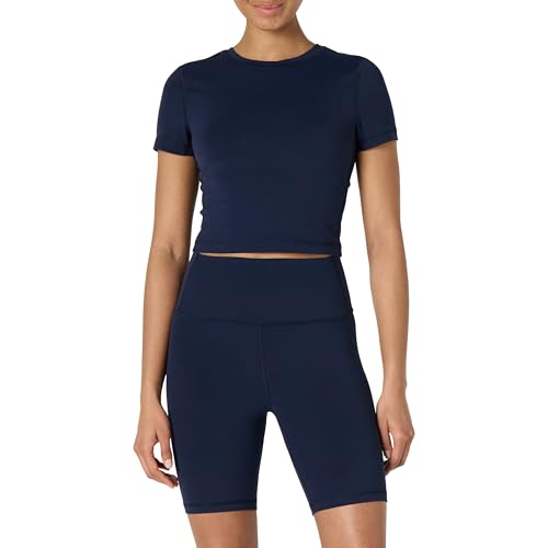 Amazon Essentials Damen Active FormFlex Buttery Soft Bauchfreies Layering-Workout-Top, mit kurzen Ärmeln und schlanker Passform, Marineblau, XS von Amazon Essentials