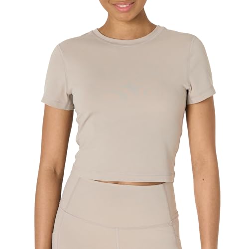 Amazon Essentials Damen Active FormFlex Buttery Soft Bauchfreies Layering-Workout-Top, mit kurzen Ärmeln und schlanker Passform, Taupe, S von Amazon Essentials