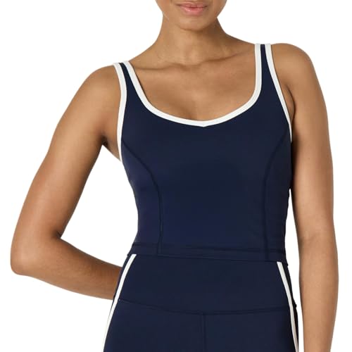 Amazon Essentials Damen Aktives FormFlex-Tanktop mit BH und Kontrastbesatz, Butterweich und Leicht Stützend, Marineblau/Weiß, M von Amazon Essentials