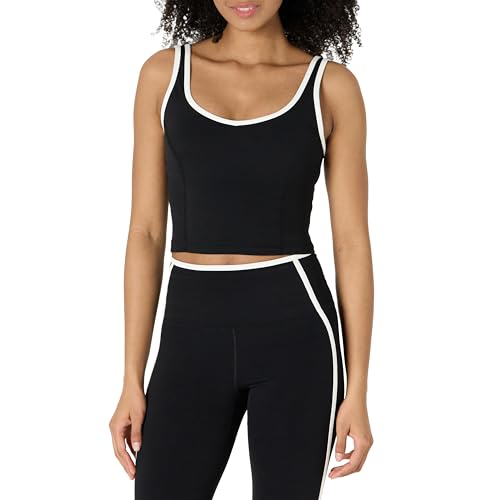 Amazon Essentials Damen Active FormFlex Buttery Soft Gepolsterter Sport-Longline-BH mit Kontrastbesatz, für leichten Halt, Schwarz/Weiß, L von Amazon Essentials