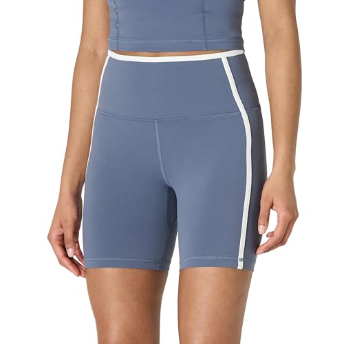 Amazon Essentials Damen Active FormFlex Buttery Soft Radlerhose mit Kontrastbesatz, hohe Taille, Schrittlänge von 15 cm, Schiefergrau/Weiß, L von Amazon Essentials