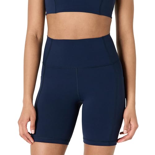 Amazon Essentials Damen Active FormFlex Buttery Soft Radlerhose mit Taschen, hohe Taille, Schrittlänge von 18 cm, Marineblau, L von Amazon Essentials