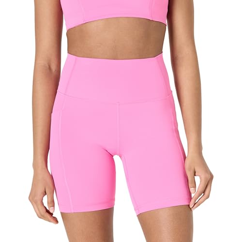 Amazon Essentials Damen Active FormFlex Buttery Soft Radlerhose mit Taschen, hohe Taille, Schrittlänge von 18 cm, Flamingo Rosa, L von Amazon Essentials