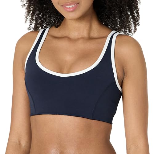 Amazon Essentials Damen Active FormFlex Butterweicher Sport-BH mit V-Ausschnitt und Kontrastbesatz, für leichten Halt, Marineblau/Weiß, S von Amazon Essentials