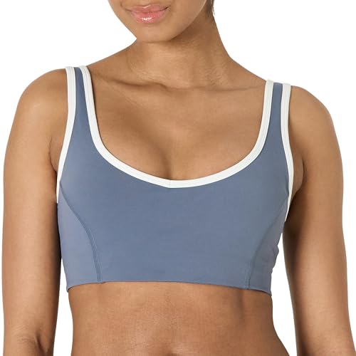 Amazon Essentials Damen Active FormFlex Butterweicher Sport-BH mit V-Ausschnitt und Kontrastbesatz, für leichten Halt, Schiefergrau/Weiß, L von Amazon Essentials