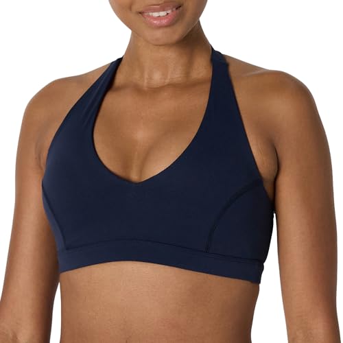 Amazon Essentials Damen Active FormFlex Buttery Soft Sport-BH mit V-Ausschnitt und Nackenband für leichten Halt, Marineblau, M von Amazon Essentials