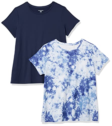 Amazon Essentials Damen Active Quick Dry Tech Stretch Kurzarm-T-Shirt mit Rundhalsausschnitt (in Übergröße erhältlich), 2er-Pack, Marineblau/Weiß Batik, XXL von Amazon Essentials