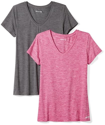 Amazon Essentials Damen Active Quick Dry Tech Stretch Kurzarm-T-Shirt mit V-Ausschnitt (in Übergröße erhältlich), 2er-Pack, Dunkelgrau Meliert Space-dye/Himbeerrot Space-dye, XL von Amazon Essentials