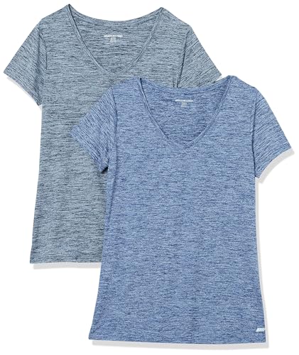 Amazon Essentials Damen Active Quick Dry Tech Stretch Kurzarm-T-Shirt mit V-Ausschnitt (in Übergröße erhältlich), 2er-Pack, Marineblau Heidekraut/Schwarz Heide, XXL von Amazon Essentials