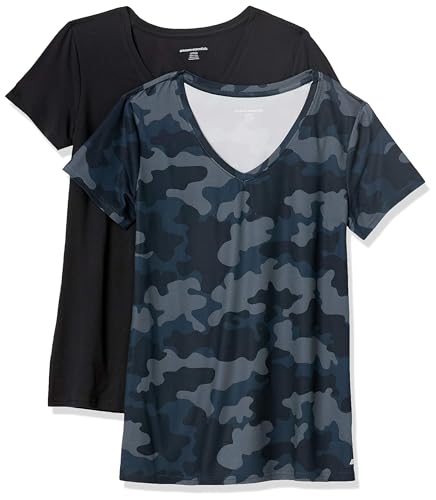 Amazon Essentials Damen Active Quick Dry Tech Stretch Kurzarm-T-Shirt mit V-Ausschnitt (in Übergröße erhältlich), 2er-Pack, Marineblau Tarnmuster/Schwarz, XXL von Amazon Essentials