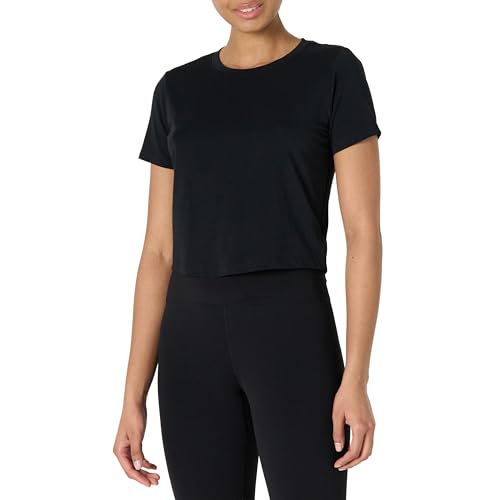 Amazon Essentials Damen Active Soft Cotton Bauchfreies Yoga-Workout-T-Shirt mit Rundhalsausschnitt und kurzen Ärmeln, Schwarz, M von Amazon Essentials