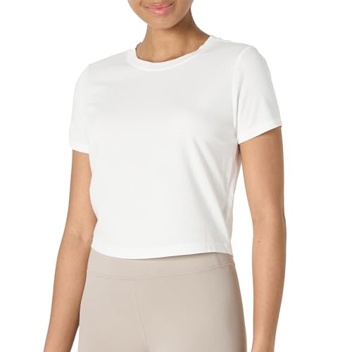 Amazon Essentials Damen Active Soft Cotton Leichtes Bauchfreies Yoga-Workout-T-Shirt mit Rundhalsausschnitt und Kurzen Ärmeln, Weiß, M von Amazon Essentials