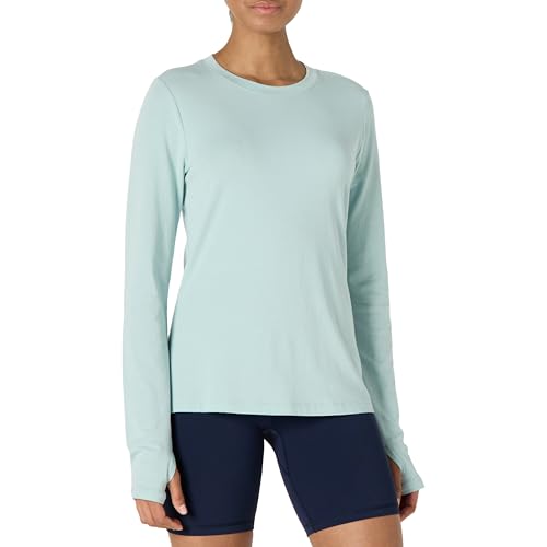 Amazon Essentials Damen Active Soft Cotton Leichtes Yoga-Workout-T-Shirt mit Rundhalsausschnitt und Langen Ärmeln, Regular Fit, Hellblau, XS von Amazon Essentials