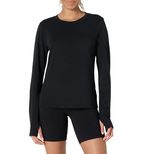 Amazon Essentials Damen Active Soft Cotton Yoga-Workout-T-Shirt mit Rundhalsausschnitt und langen Ärmeln, normale Passform, Schwarz, XL von Amazon Essentials