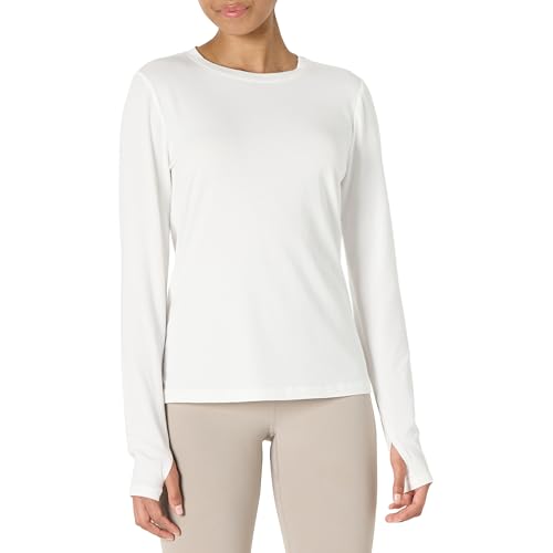 Amazon Essentials Damen Active Soft Cotton Leichtes Yoga-Workout-T-Shirt mit Rundhalsausschnitt und Langen Ärmeln, Regular Fit, Weiß, S von Amazon Essentials