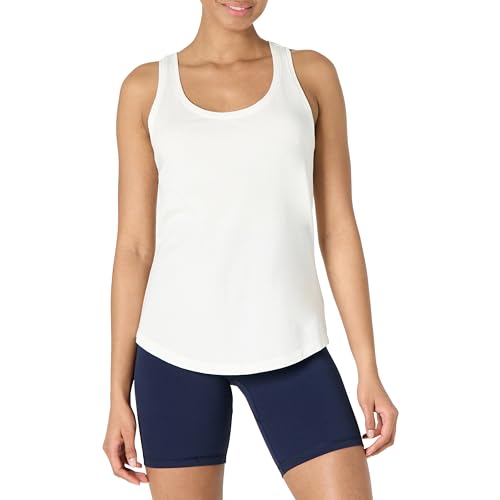 Amazon Essentials Damen Active Soft Cotton Leichtes Yoga-Tanktop mit U-Ausschnitt und Racerback, Relaxed Fit, Weiß, L von Amazon Essentials